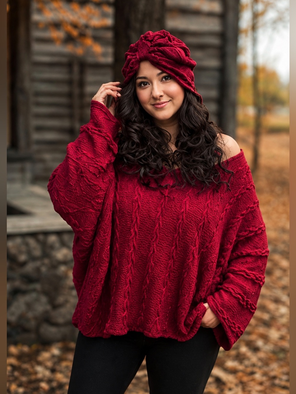 Fall Knit Set – Red Sweater with Matching Turban - Picture 4 of 6